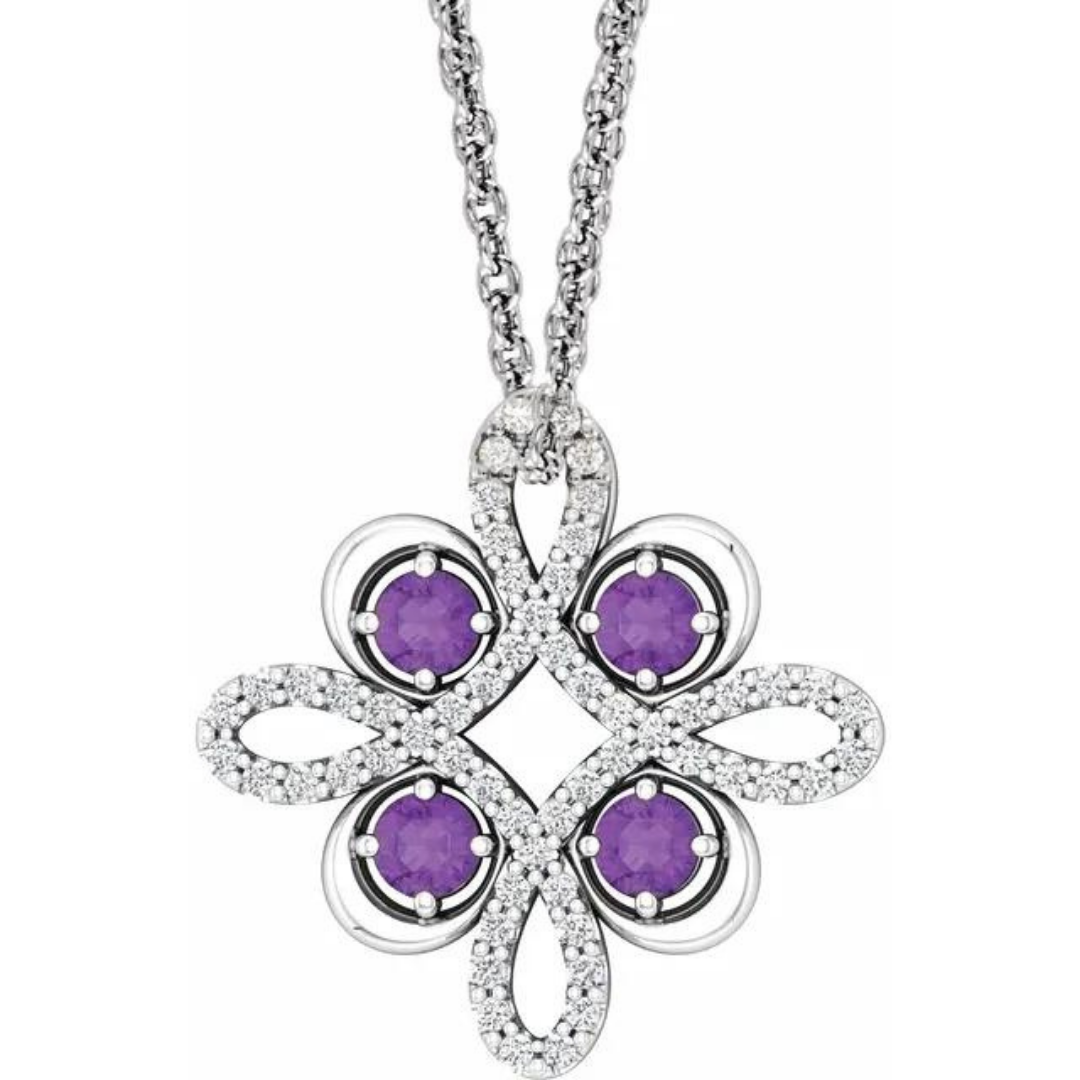 14K White Amethyst & 1/6 CTW Diamond Clover 18 Necklace            